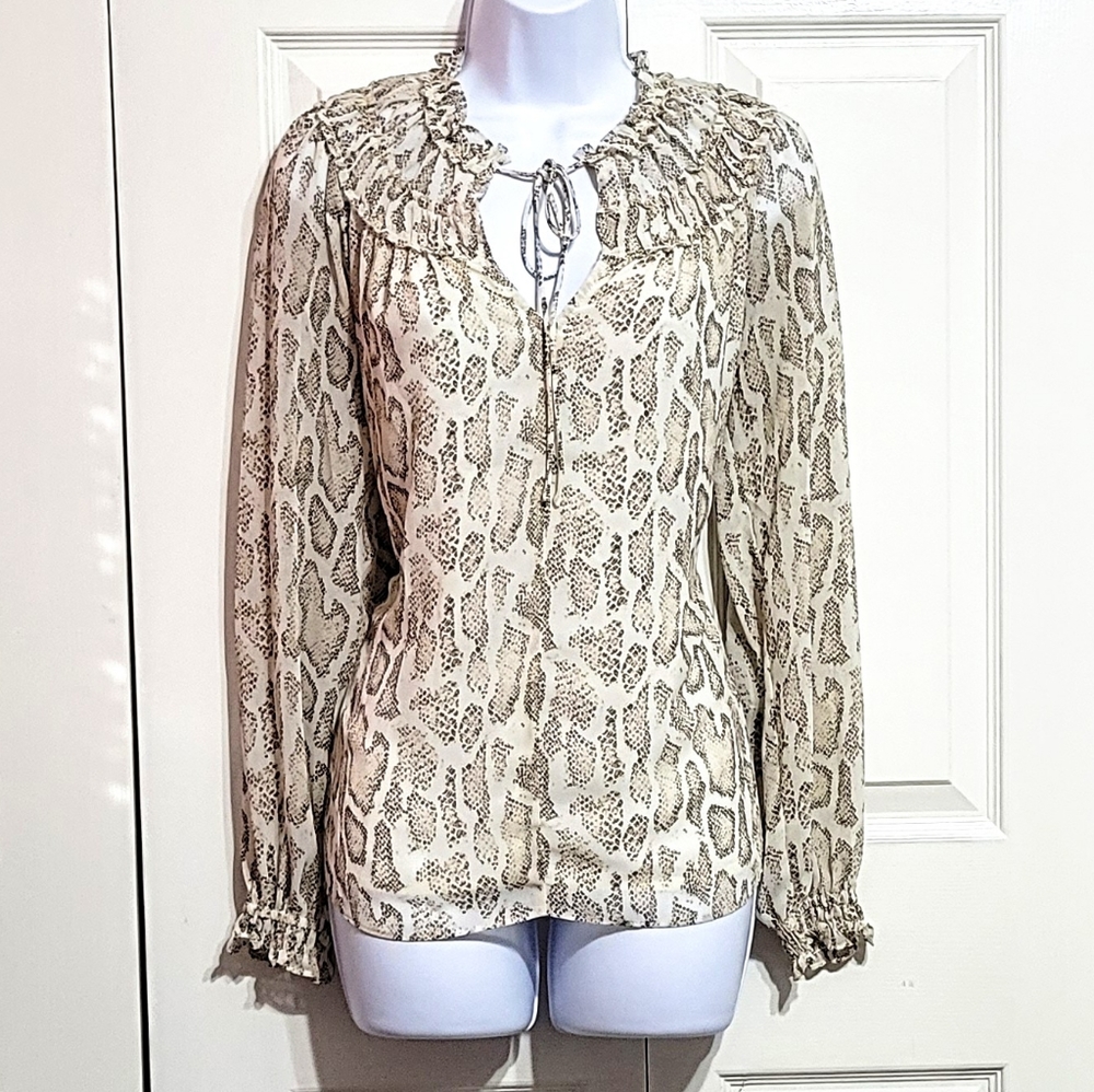 Current Air Anthropologie Snake Animal Print Blouse Top Ruffle Long Sleeve